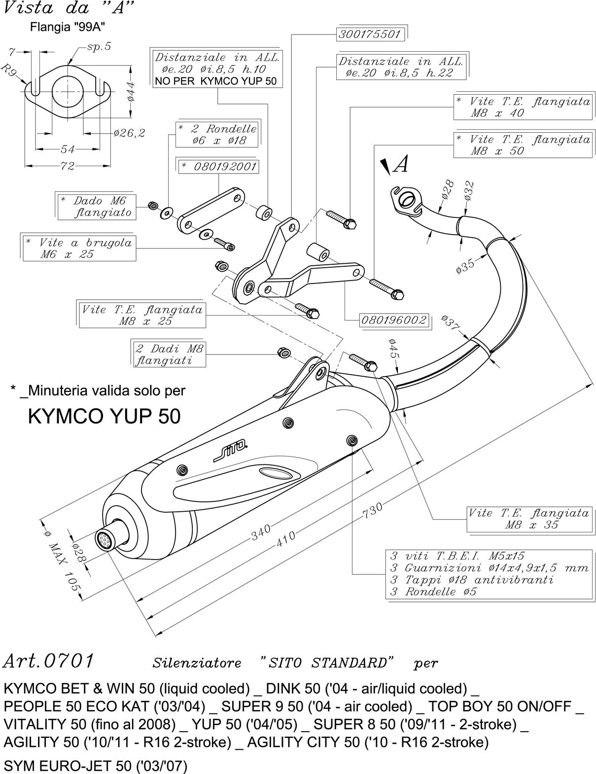 Complete Catalytic Exhaust System With Sound Certification Sito Stainless Steel - Leovince Compatible With Kymco Bet & Win 50 Liquid Cooled (2001-2007)