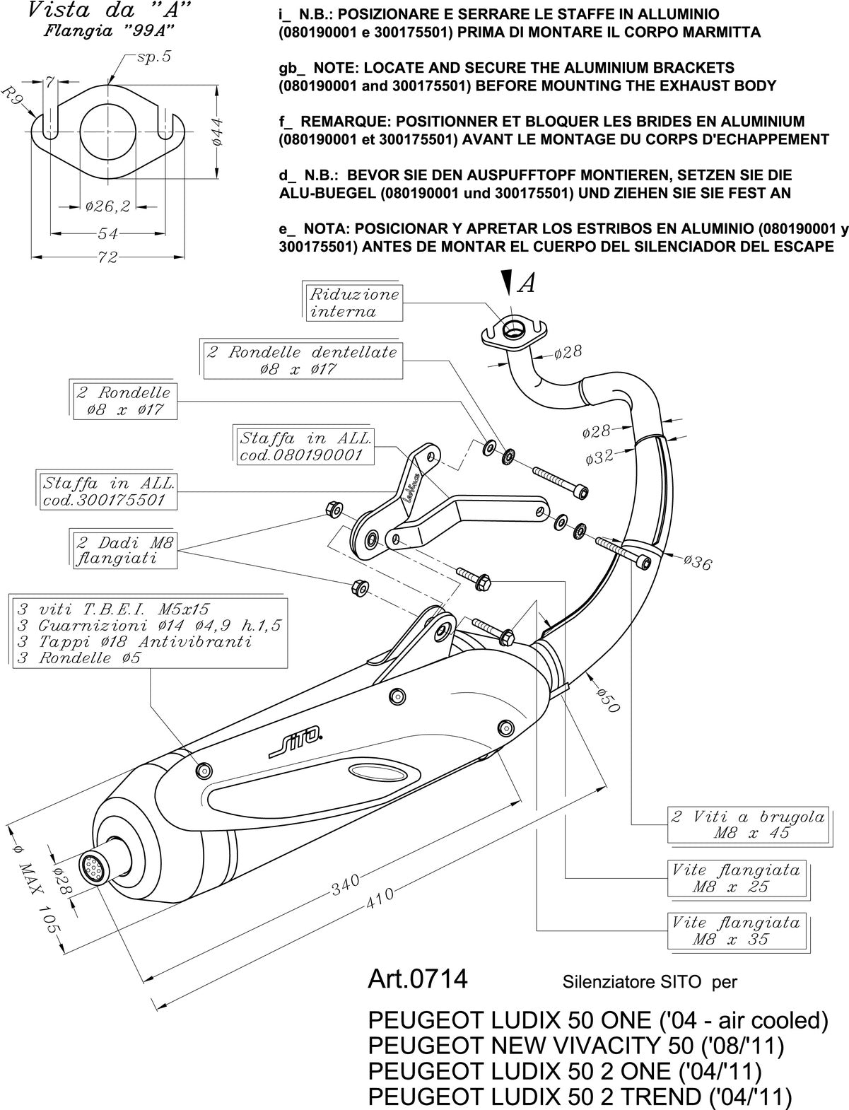 Complete Catalytic Exhaust System With Sound Certification Sito Stainless Steel - Leovince Compatible With Peugeot Ludix 50 One Air (2004-2012)