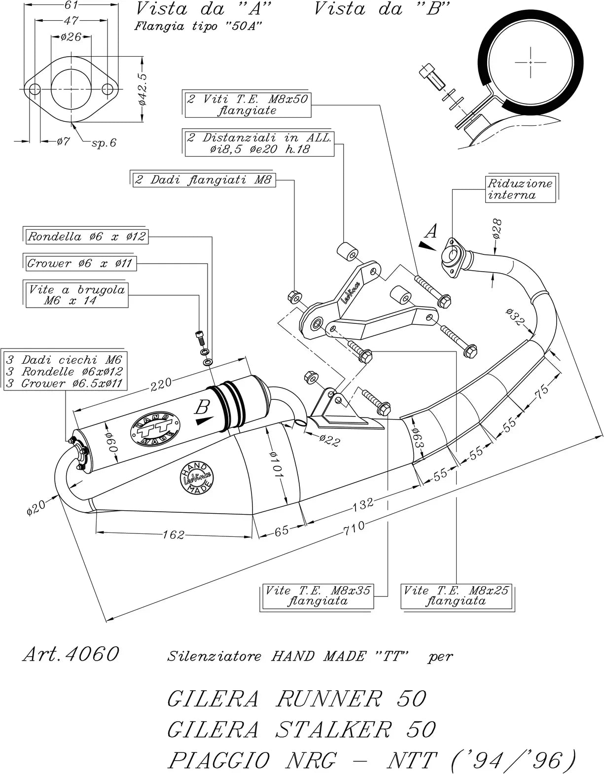 Système D'Échappement Complet Avec Catalyseur Et Homologation Acoustique Hand Made Tt Aluminium Noir - Leovince Compatible Avec Gilera Stalker 50
