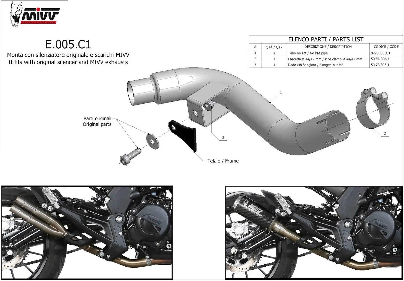 Tuyau De Raccordement Non Catalysé - Mivv Compatible Avec Benelli 502 C (2019-2024)