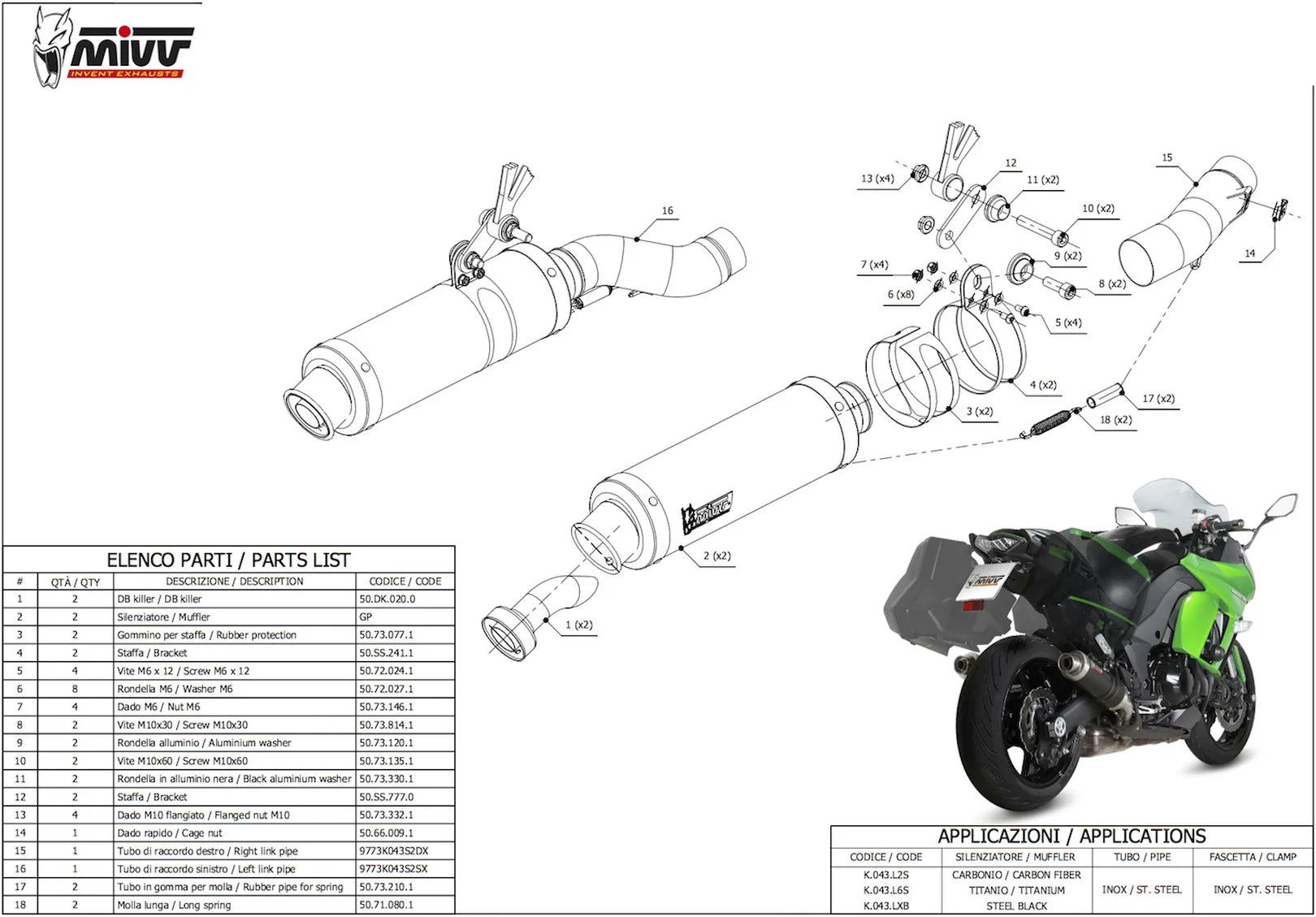Double Sortie D'Échappement Homologuée Au Niveau Sonore Gp Acier Noir - Mivv Compatible Avec Kawasaki Z 1000 Sx (2014-2019)