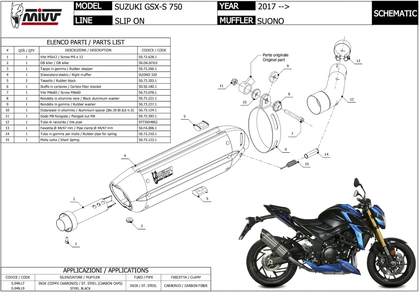 Système D'Échappement Homologué Au Niveau Sonore Suono Acier Noir Carbon - Mivv Compatible Avec Suzuki Gsx-S 750 (2017-2020)