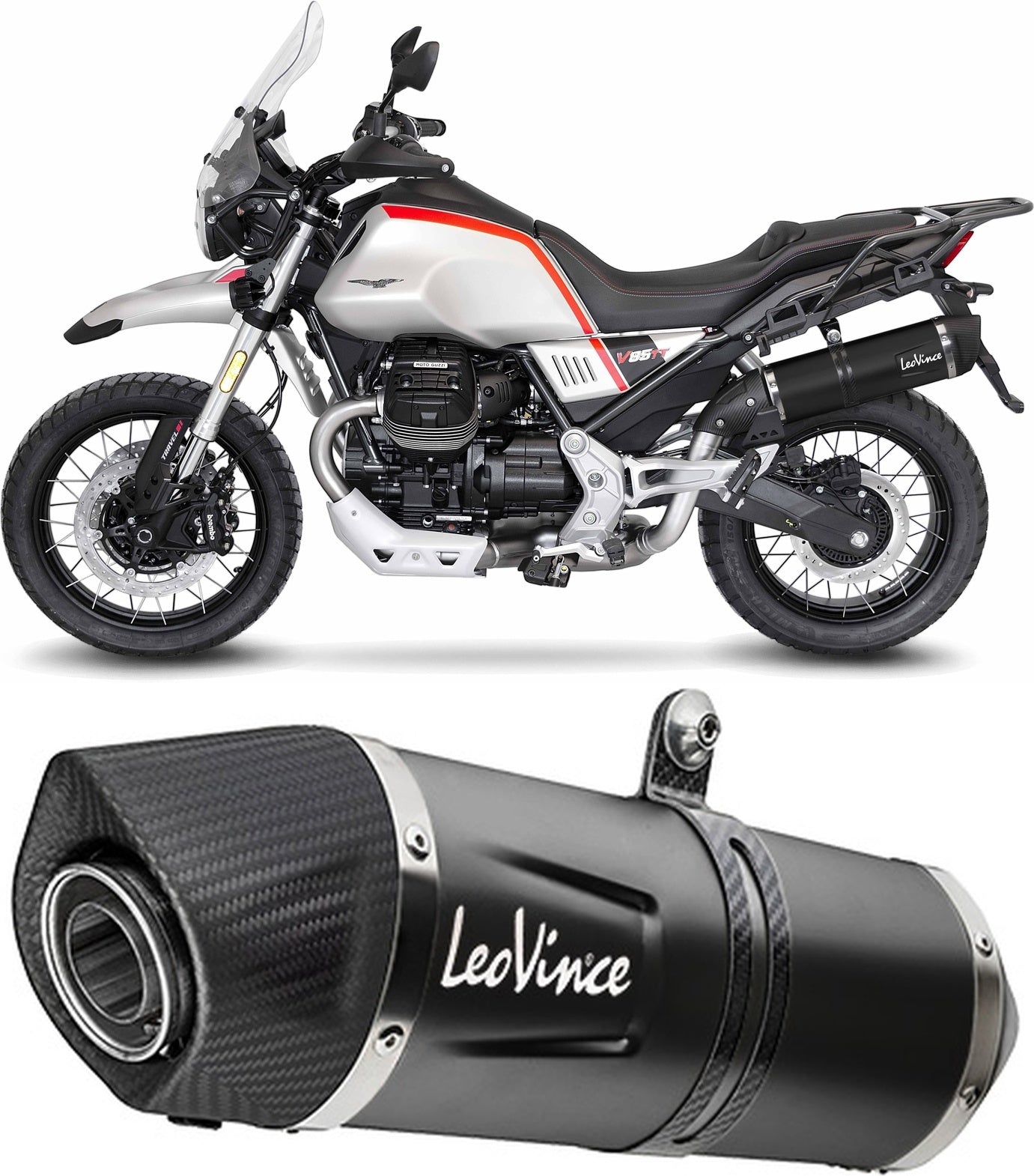 Exhaust Tip Without Sound Certification Lv One Evo Steel Black Carbon Fiber End Cap - Leovince Compatible With Moto Guzzi V85 Tt (2019-2023)