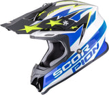 Casque Off-Road Pour Moto Scorpion Exo Vx-16 Evo Air Polycarbonate Blanc Bleu Jaune Patriot Taille Xs