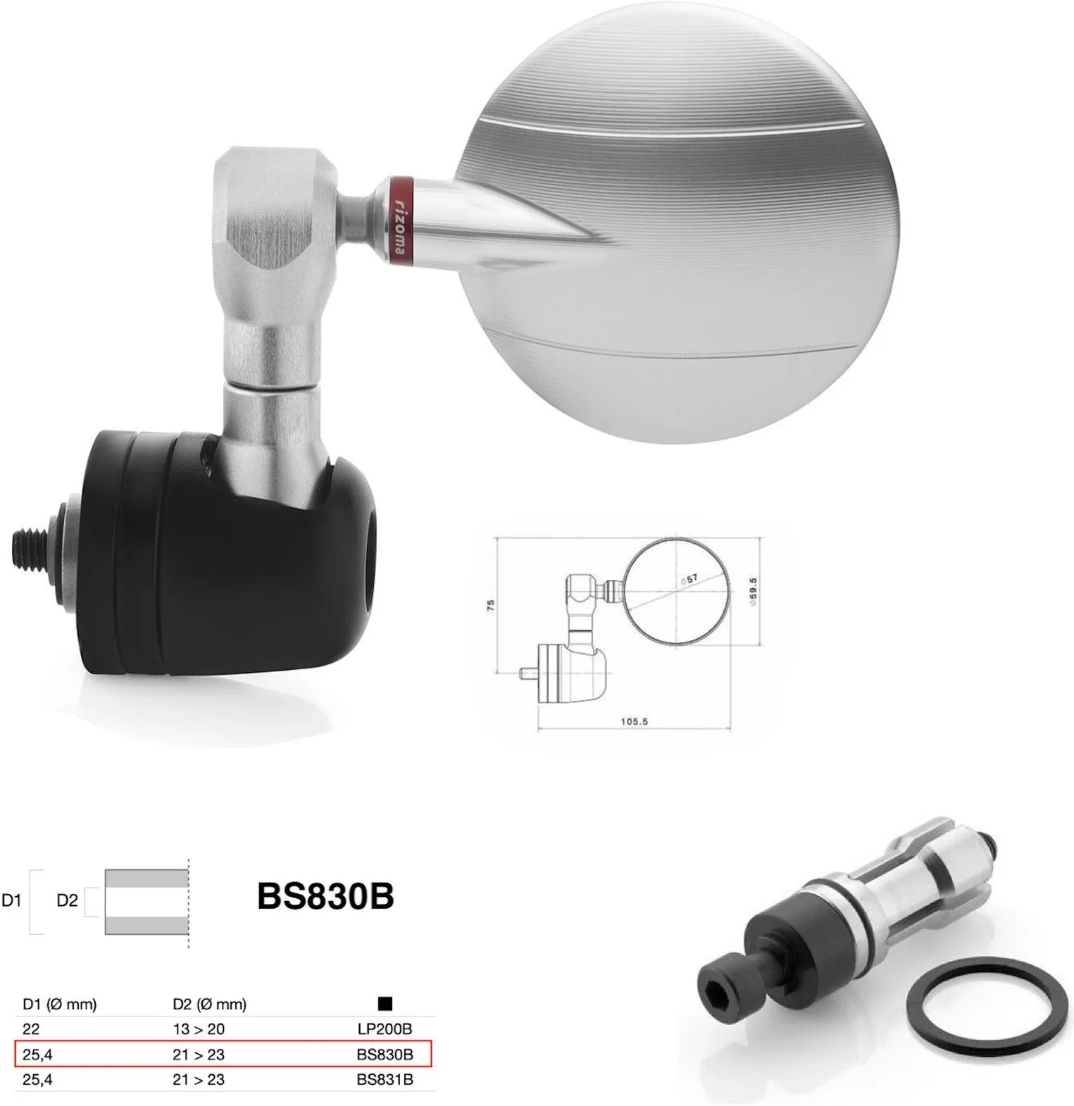Rétroviseur End Mount Droite Universal Ø24,5(21>23) Spy-R Ø57 - Rizoma Compatible Avec Ktm