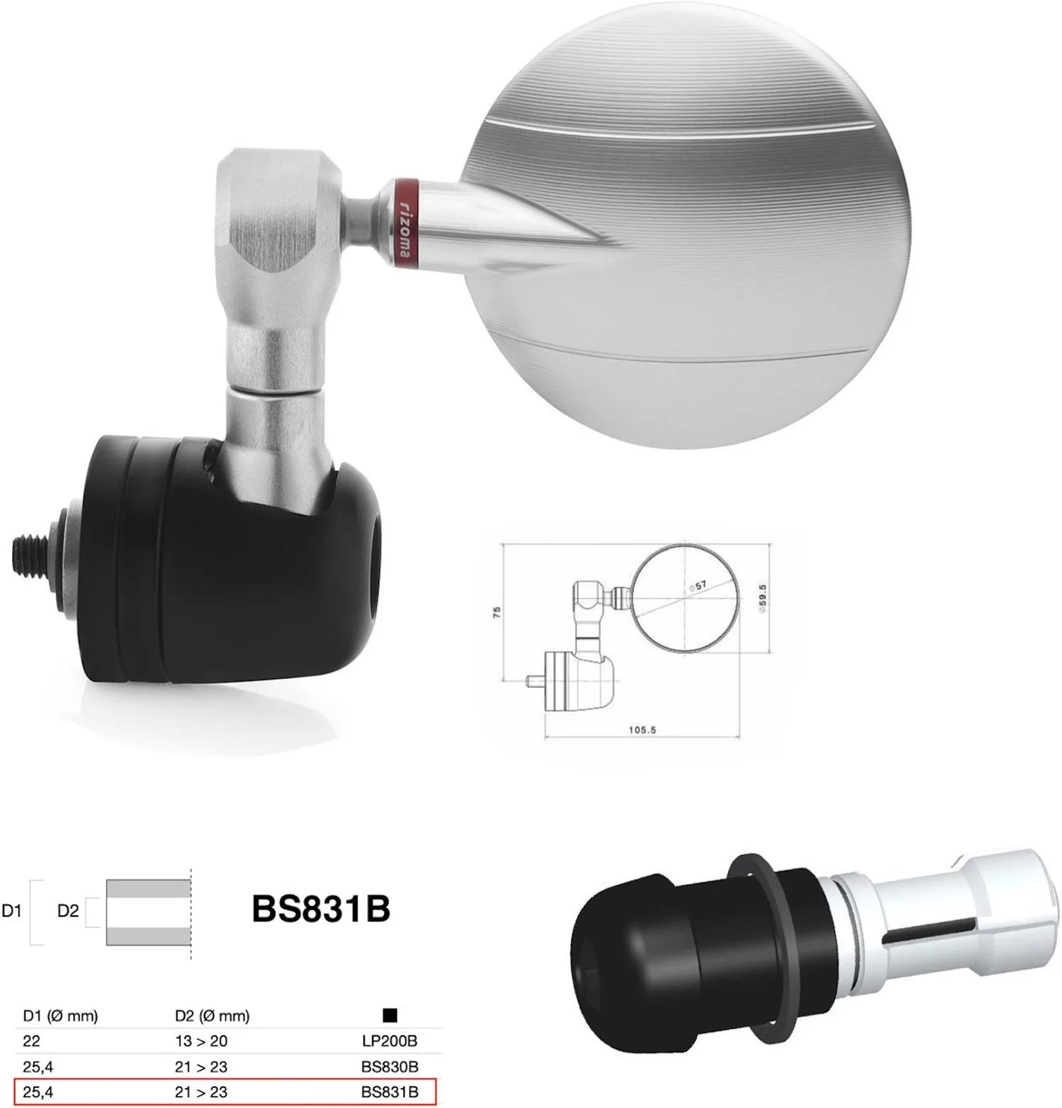 Rétroviseur End Mount Droite Universal Ø24,5(21>23) Spy-R Ø57 - Rizoma Compatible Avec Ktm