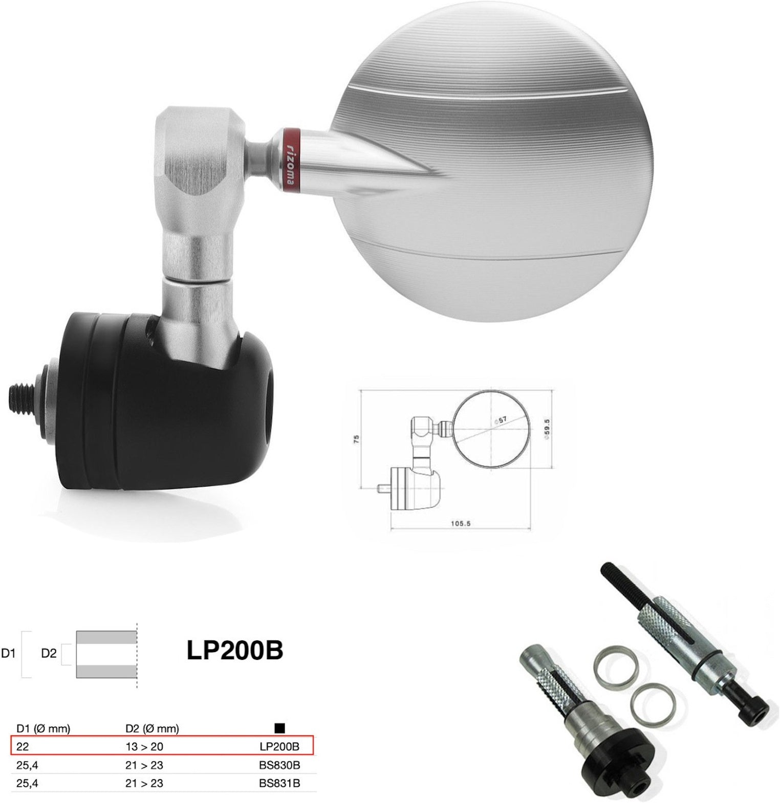 Mirror End Mount Right Universal Ø22(13>20) Spy-R Ø57 - Rizoma Compatible With Moto Guzzi