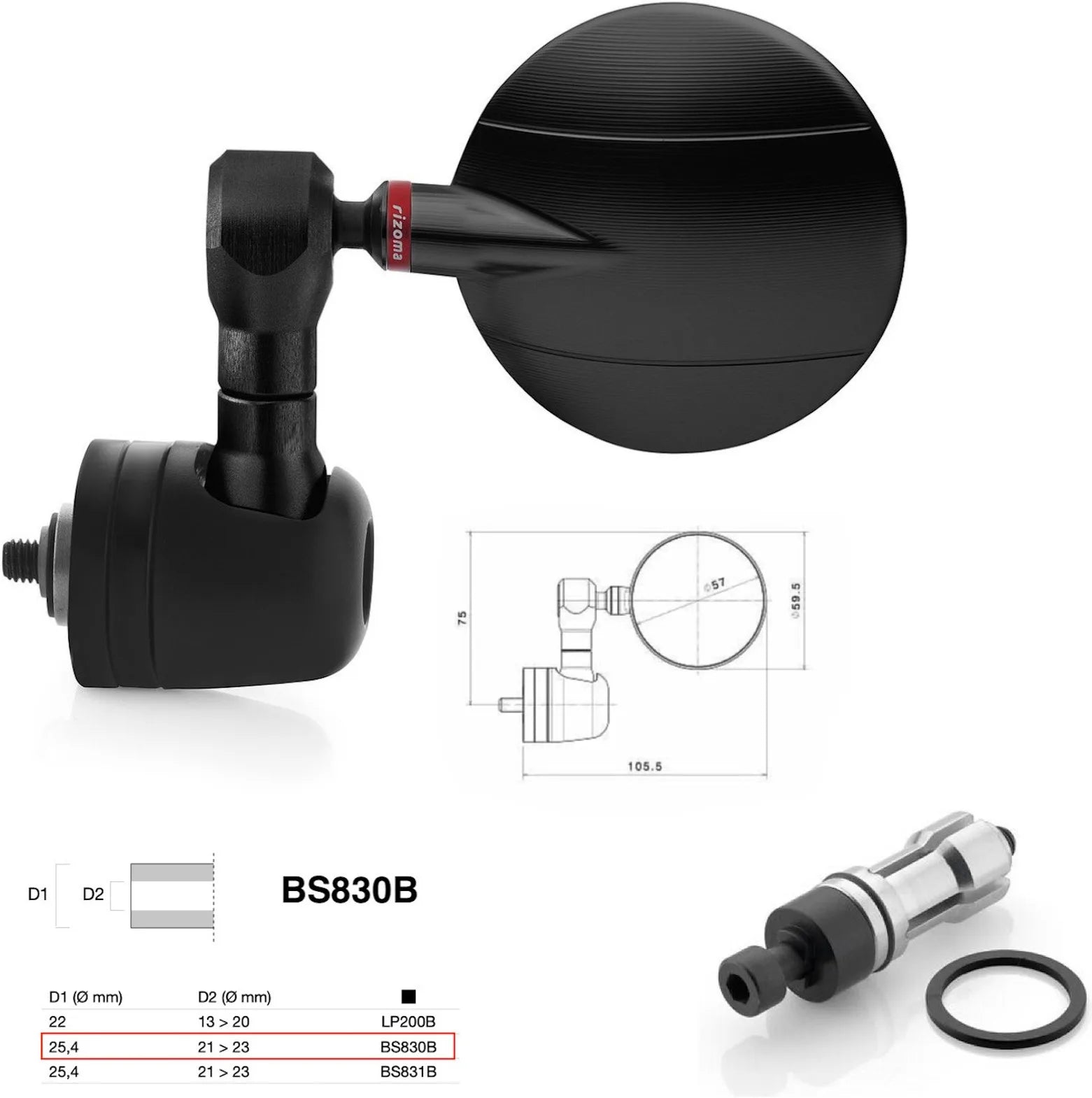 Rétroviseur End Mount Gauche Universal Ø24,5(21>23) Spy-R Ø57 - Rizoma Compatible Avec Ktm