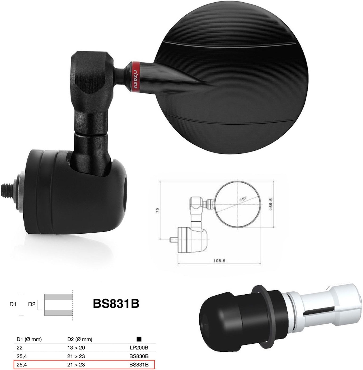 Mirror End Mount Left Universal Ø24,5(21>23) Spy-R Ø57 - Rizoma Compatible With Moto Guzzi