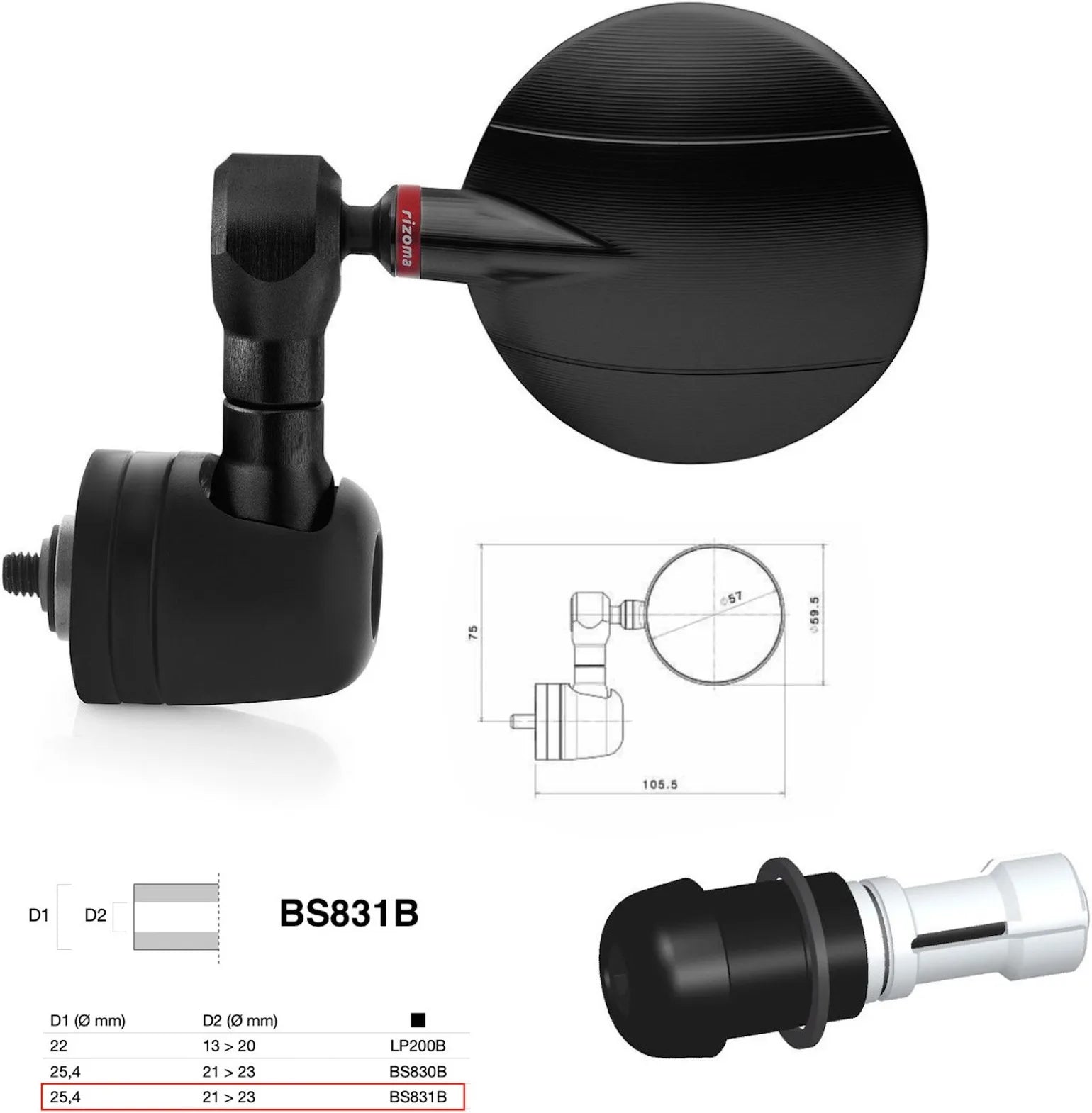 Rétroviseur End Mount Gauche Universal Ø24,5(21>23) Spy-R Ø57 - Rizoma Compatible Avec Ktm