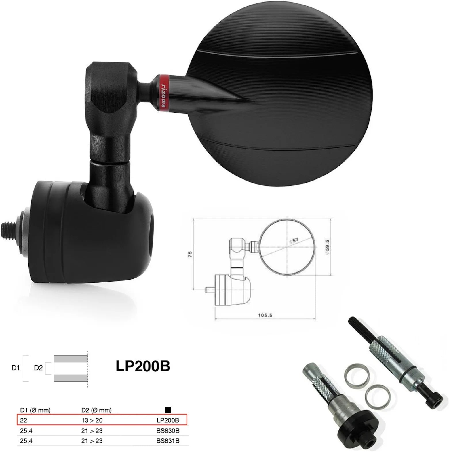 Rétroviseur End Mount Gauche Universal Ø22(13>20) Spy-R Ø57 - Rizoma Compatible Avec Suzuki