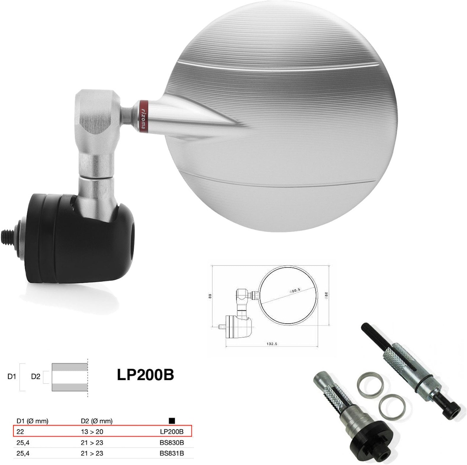 Mirror End Mount Right Universal Ø22(13>20) Spy-R Ø80 - Rizoma Compatible With Moto Guzzi
