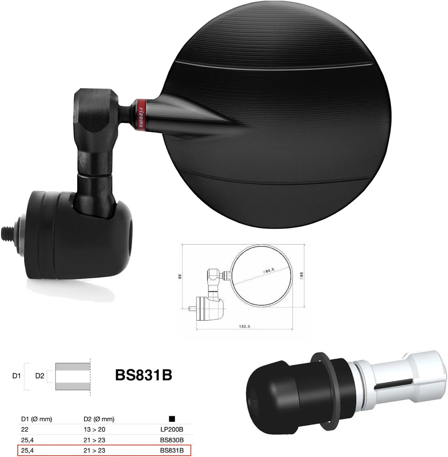 Rétroviseur End Mount Gauche Universal Ø24,5(21>23) Spy-R Ø80 - Rizoma Compatible Avec Benelli
