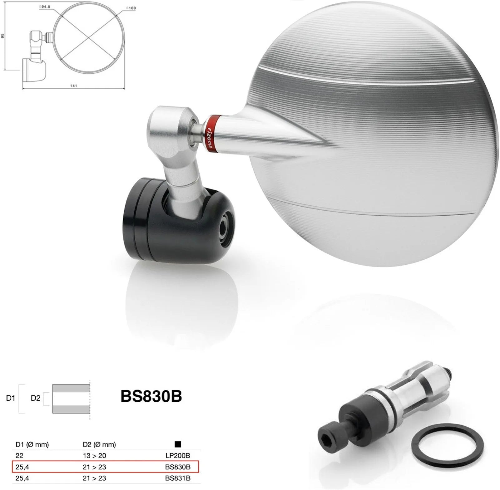 Rétroviseur End Mount Droite Universal Ø24,5(21>23) Spy-R Ø94.5 - Rizoma Compatible Avec Suzuki