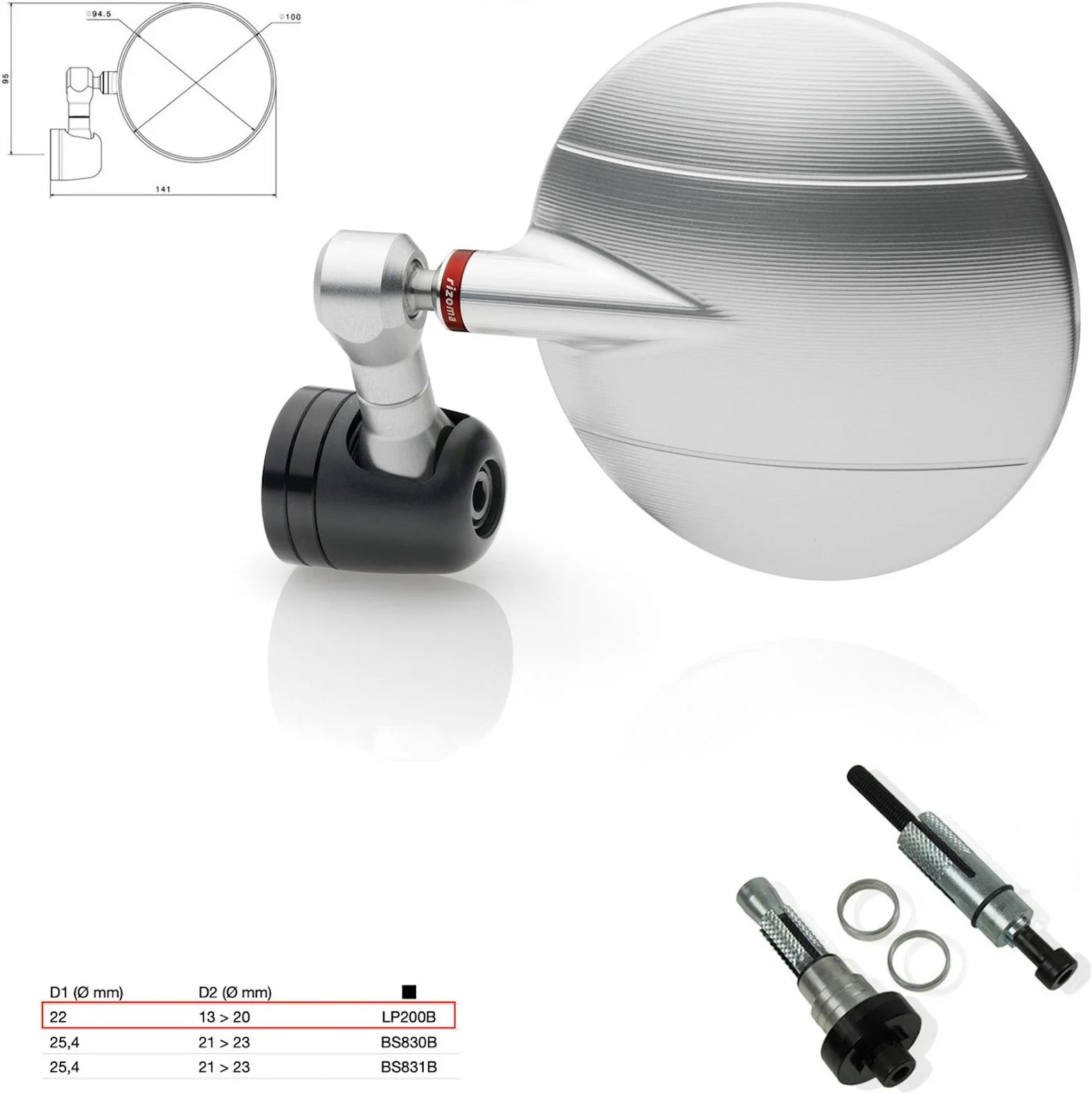 Rétroviseur End Mount Droite Universal Ø22(13>20) Spy-R Ø94.5 - Rizoma Compatible Avec Mv Agusta