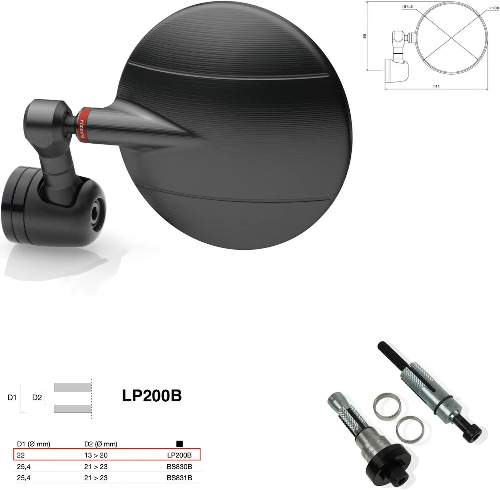 Rétroviseur End Mount Gauche Universal Ø22(13>20) Spy-R Ø94.5 - Rizoma Compatible Avec Kawasaki