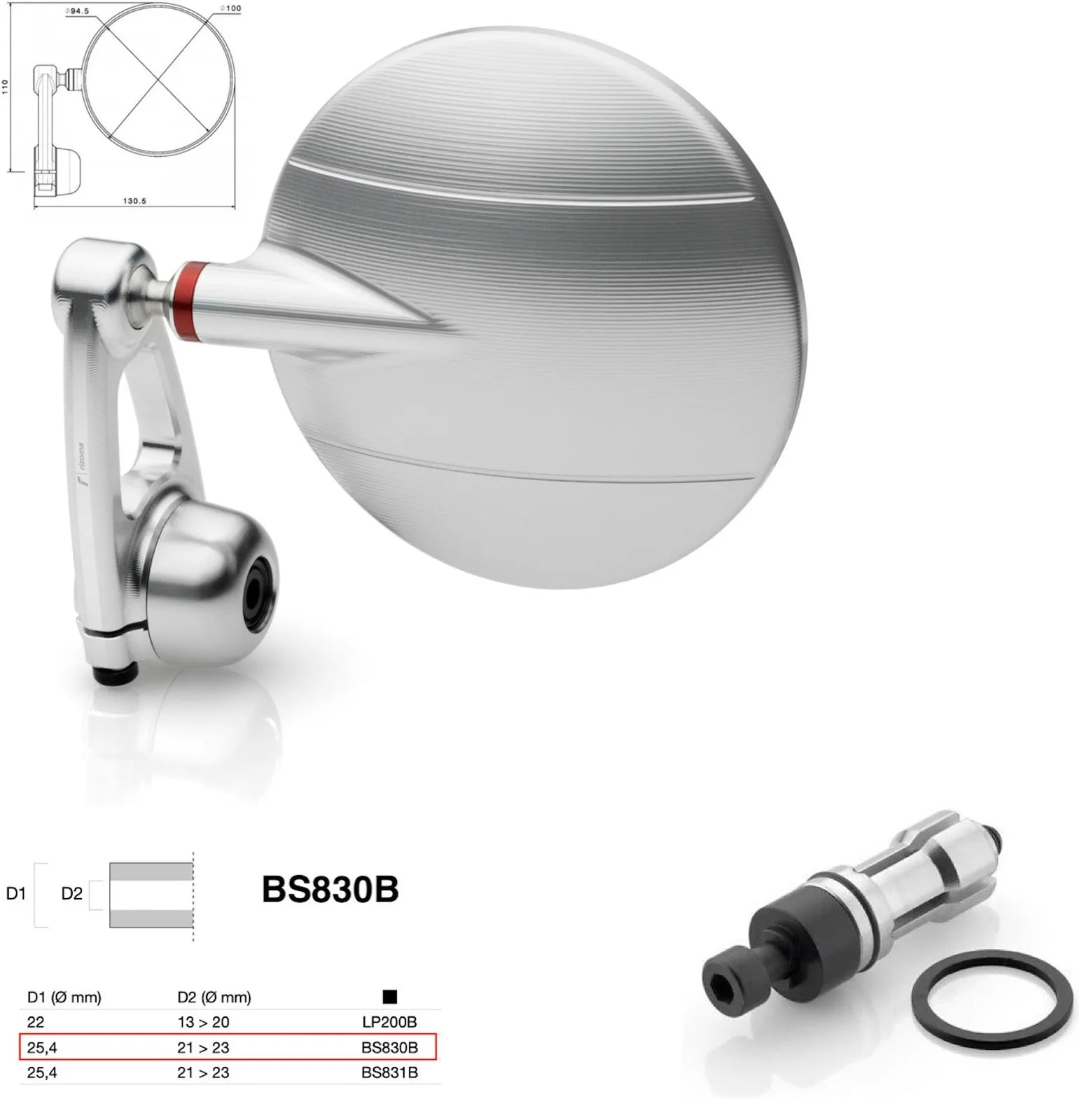 Rétroviseur End Mount Droite Universal Ø24,5(21>23) Spy-Arm Ø94.5 - Rizoma Compatible Avec Kawasaki