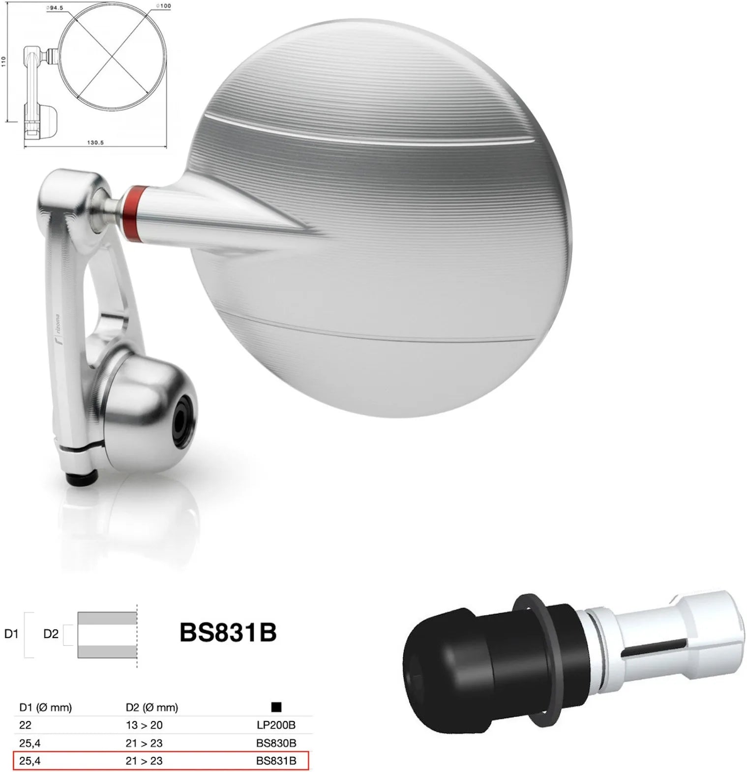 Rétroviseur End Mount Droite Universal Ø24,5(21>23) Spy-Arm Ø94.5 - Rizoma Compatible Avec Ktm
