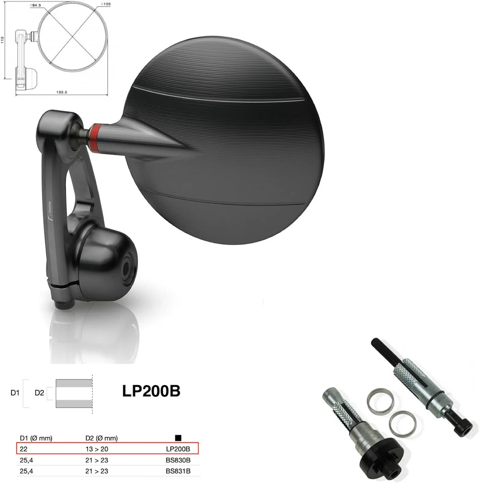 Rétroviseur End Mount Droite Universal Ø22(13>20) Spy-Arm Ø94.5 - Rizoma Compatible Avec Yamaha