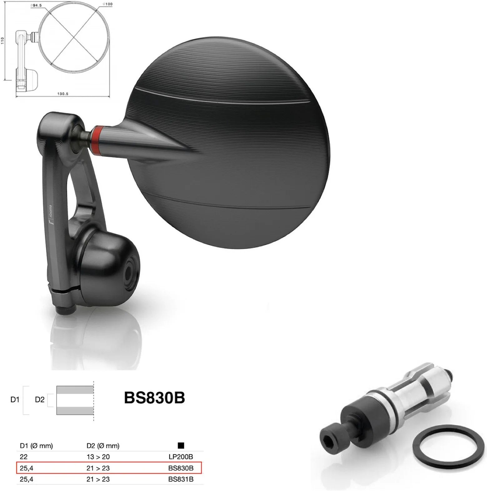 Rétroviseur End Mount Gauche Universal Ø24,5(21>23) Spy-Arm Ø94.5 - Rizoma Compatible Avec Ktm