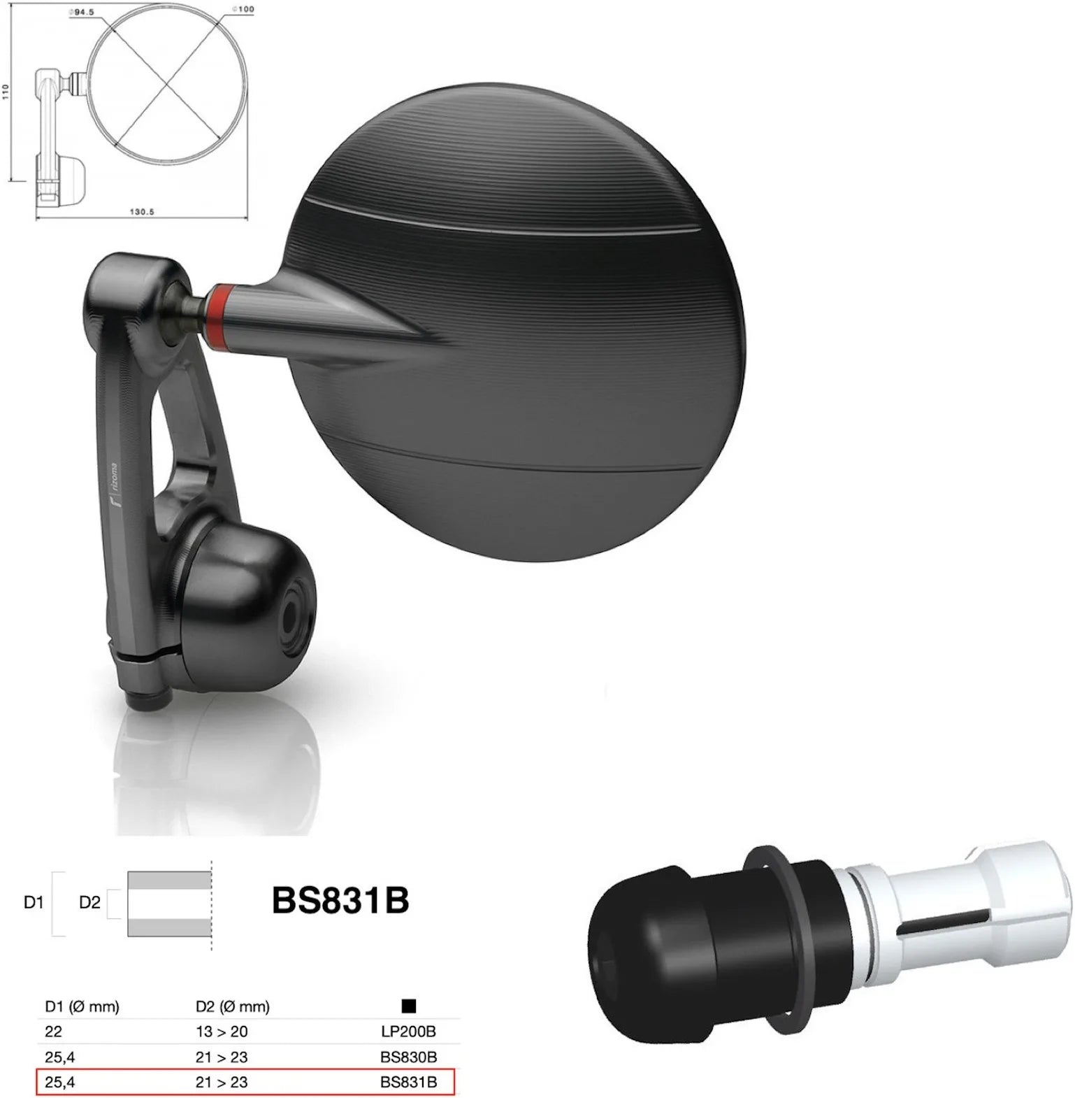 Rétroviseur End Mount Gauche Universal Ø24,5(21>23) Spy-Arm Ø94.5 - Rizoma Compatible Avec Ktm