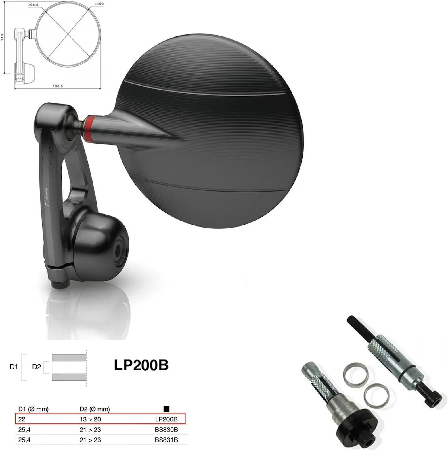 Rétroviseur End Mount Gauche Universal Ø22(13>20) Spy-Arm Ø94.5 - Rizoma Compatible Avec Kawasaki