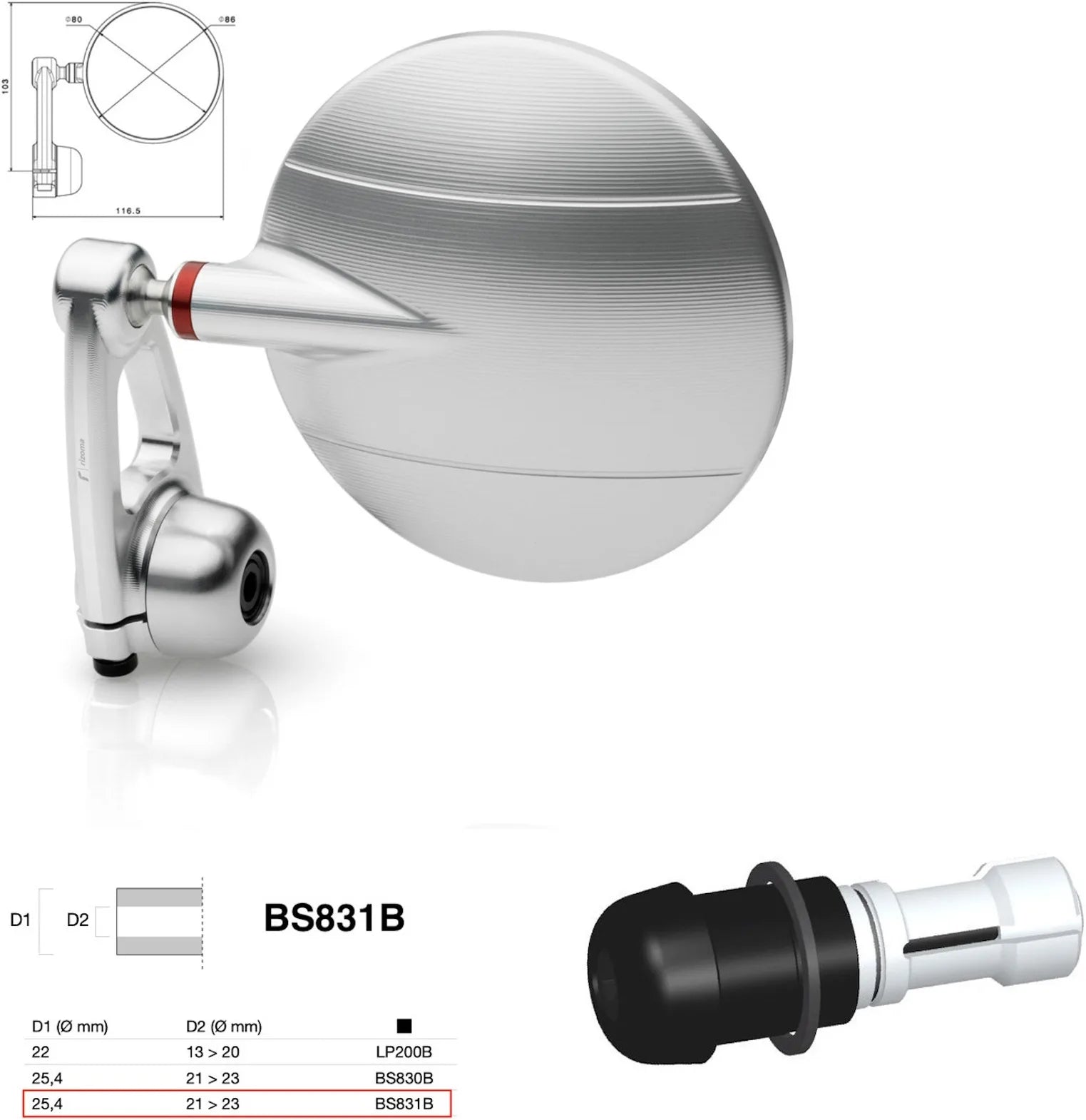 Rétroviseur End Mount Gauche Universal Ø24,5(21>23) Spy-Arm Ø80 - Rizoma Compatible Avec Ktm