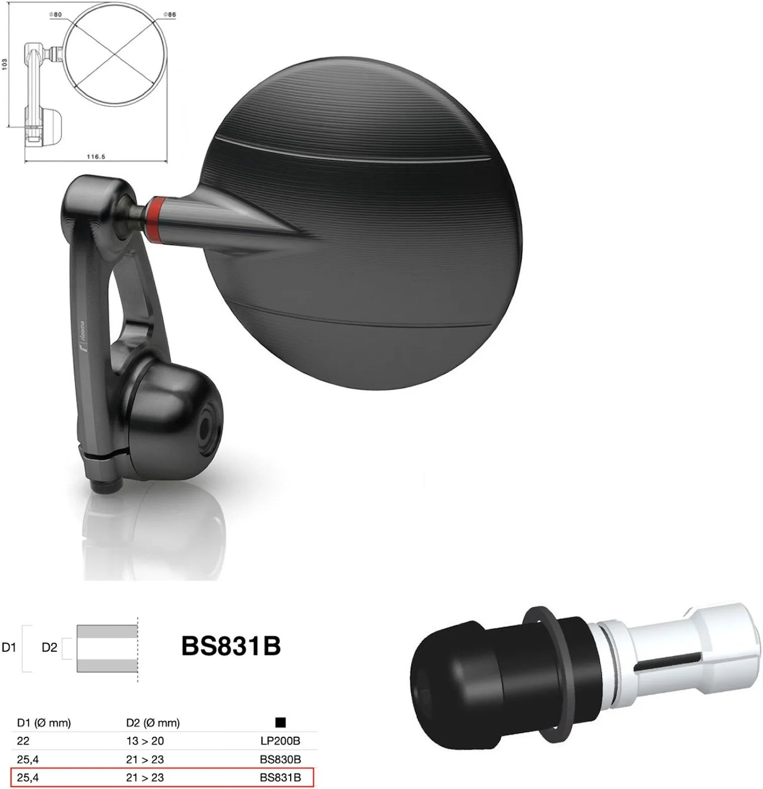 Rétroviseur End Mount Droite Universal Ø24,5(21>23) Spy-Arm Ø80 - Rizoma Compatible Avec Ktm