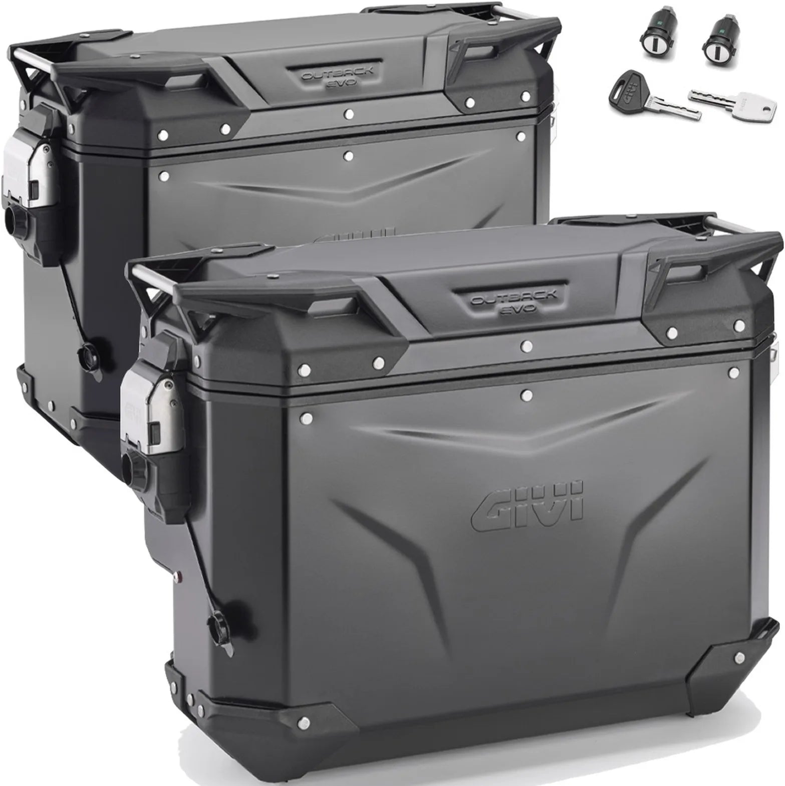 Valises Laterales Monokey Cam-Side Trekker Outback Evo Smart Aluminium Noir + Serrure 70 Lt Trekker Outback Evo Smart Aluminium - Givi Compatible Avec Suzuki Dl 1000 V-Strom (2014-2016)