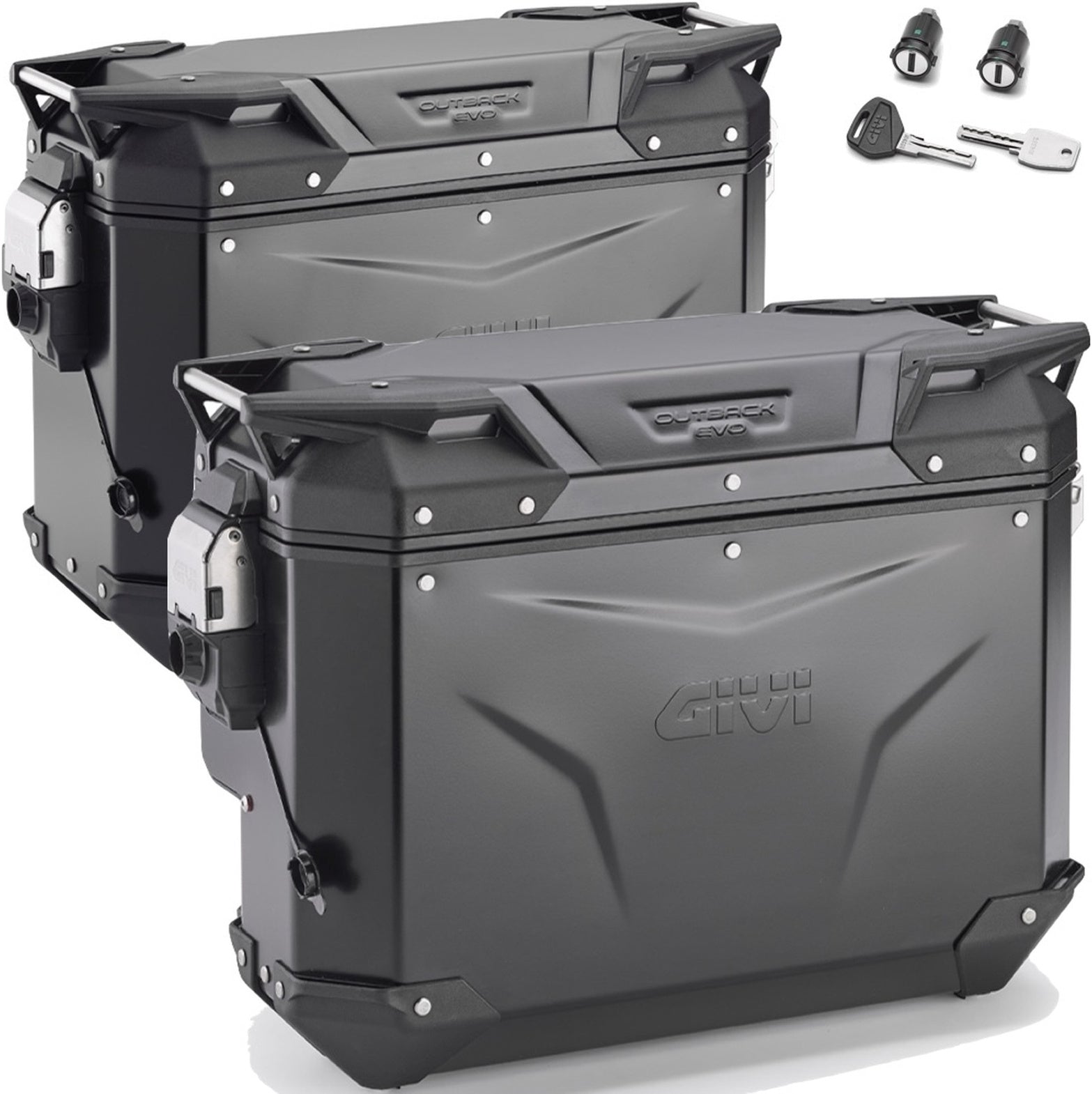 Valises Laterales Monokey Cam-Side Trekker Outback Evo Smart Aluminium Noir + Serrure 70 Lt Trekker Outback Evo Smart Aluminium - Givi Compatible Avec Moto Guzzi V85 Tt (2019-2023)