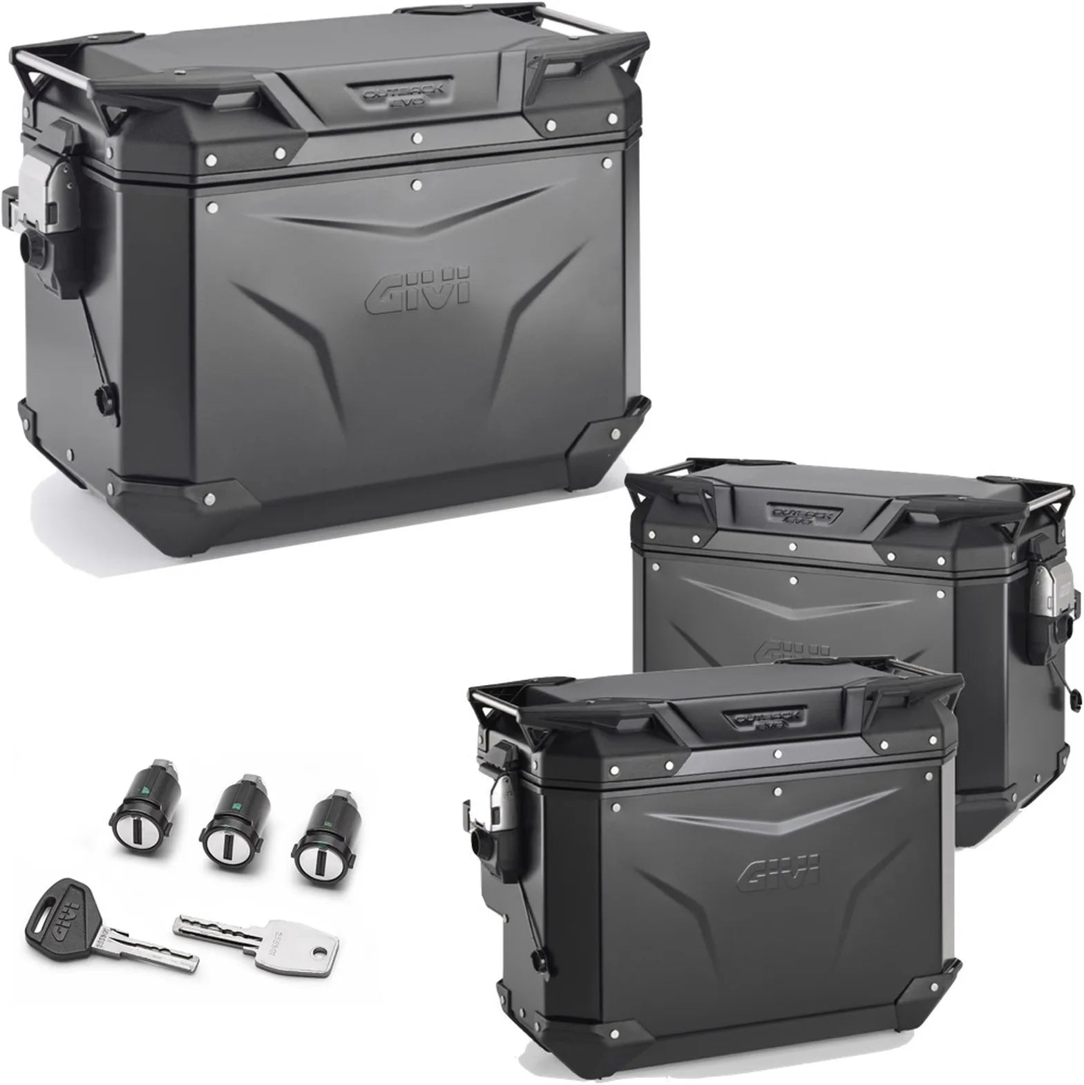 Top Case + Valises Laterales Trekker Outback Evo Smart Aluminium Noir Dx Évidée 116 Lt Trekker Outback Evo Smart Aluminium - Givi Compatible Avec Benelli Trk 702 (2023-2024)