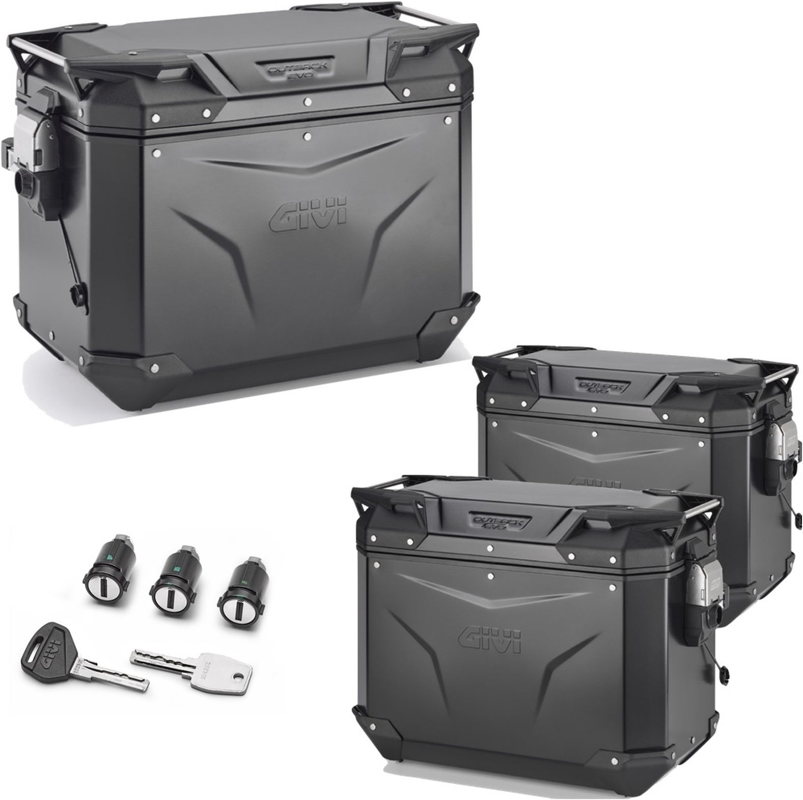 Trekker Outback Evo Smart Aluminium Black Top Case + Side Cases - 130 Lt Trekker Outback Evo Smart Aluminium - Givi Compatible With Triumph Tiger 660 Sport (2022-2024)