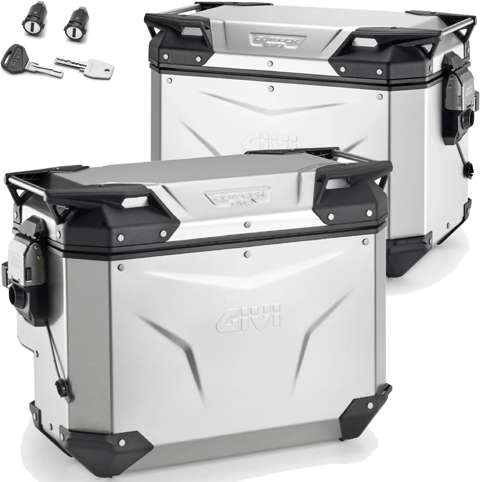 Valises Laterales Monokey Cam-Side Trekker Outback Evo Smart Aluminium + Serrure Dx Évidée 88 Lt Trekker Outback Evo Smart Aluminium - Givi Compatible Avec Suzuki V-Strom 800 De (2023-2024)