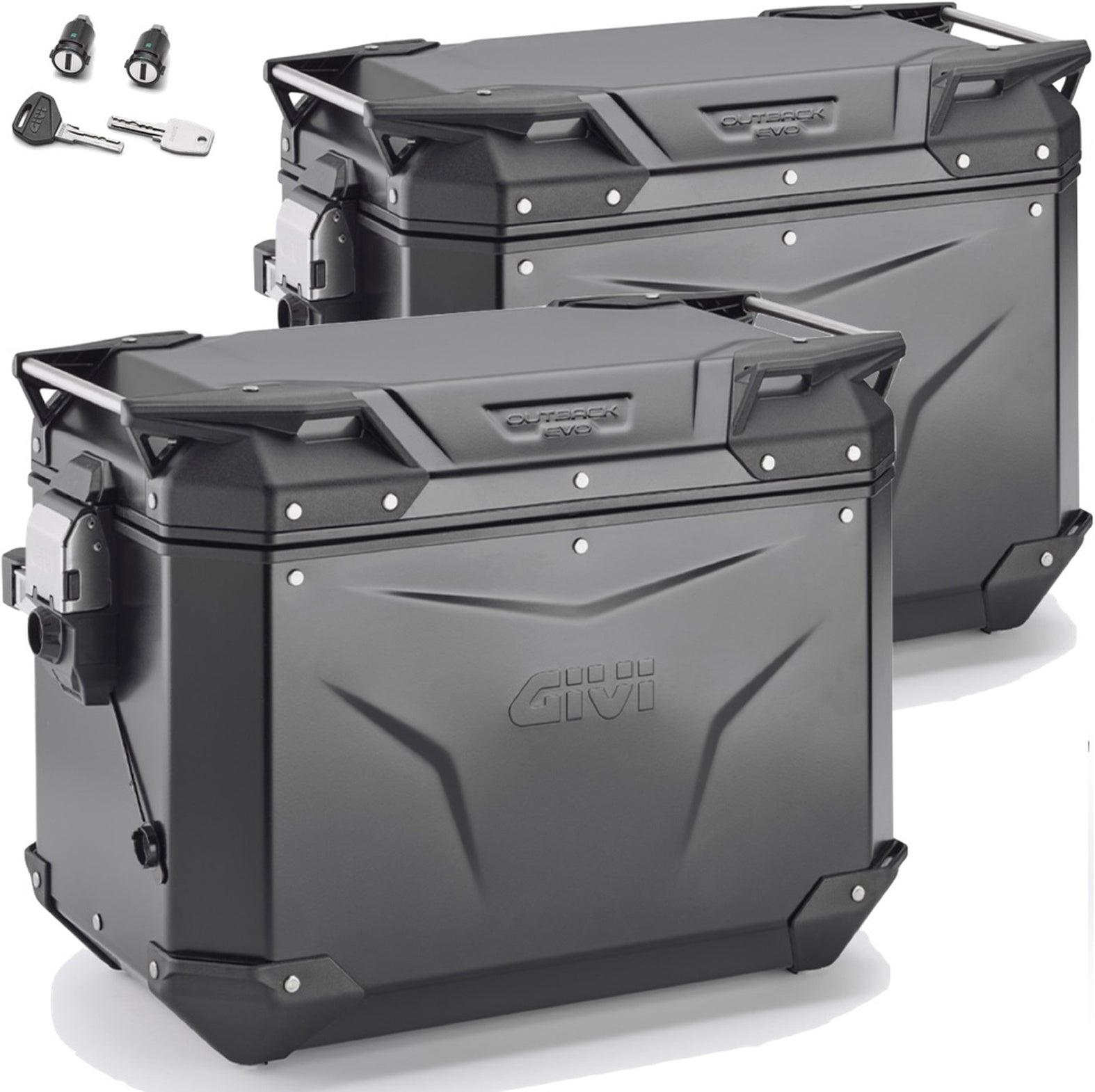 Valises Laterales Monokey Cam-Side Trekker Outback Evo Smart Aluminium Noir + Serrure 96 Lt Trekker Outback Evo Smart Aluminium - Givi Compatible Avec Moto Guzzi V85 Tt (2019-2023)